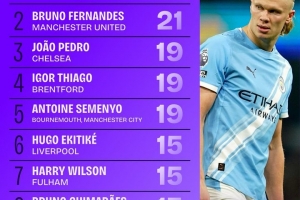 本赛季英超参与进球榜：哈兰德29球第一、B费21球第二