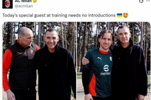 金球先生来探班，米兰官推晒舍甫琴科与莫德里奇、阿莱格里合照