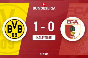 半场-多特1-0奥格斯堡 阿德耶米抢点破门里贝罗失单刀拜尔中柱