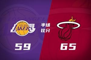 半场战报-热火65-59湖人 热巴15分 东契奇21分 詹姆斯5中5拿11分